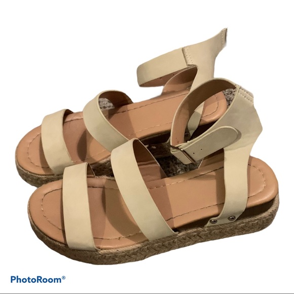Shoes - Light Beige Two-Strap Espadrille Wedge Sandals